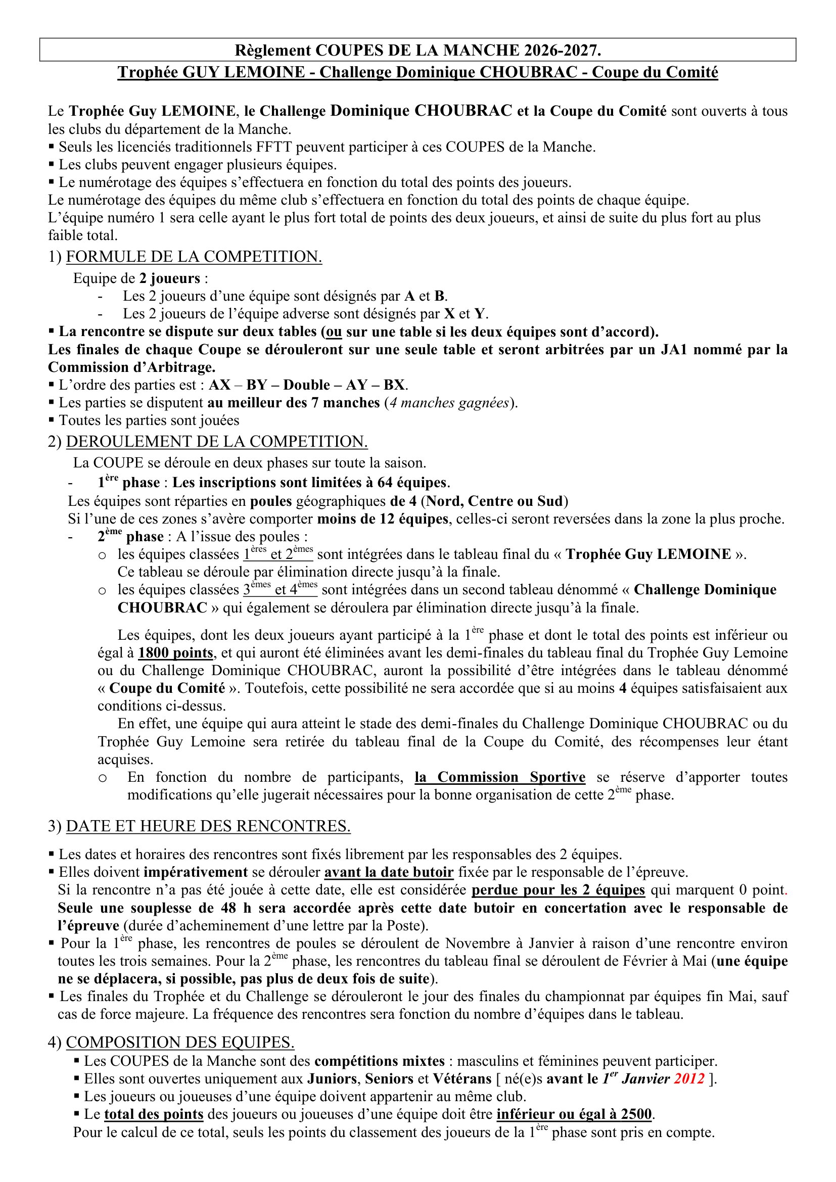Règlement COUPES de la Manche 2026 2027 1